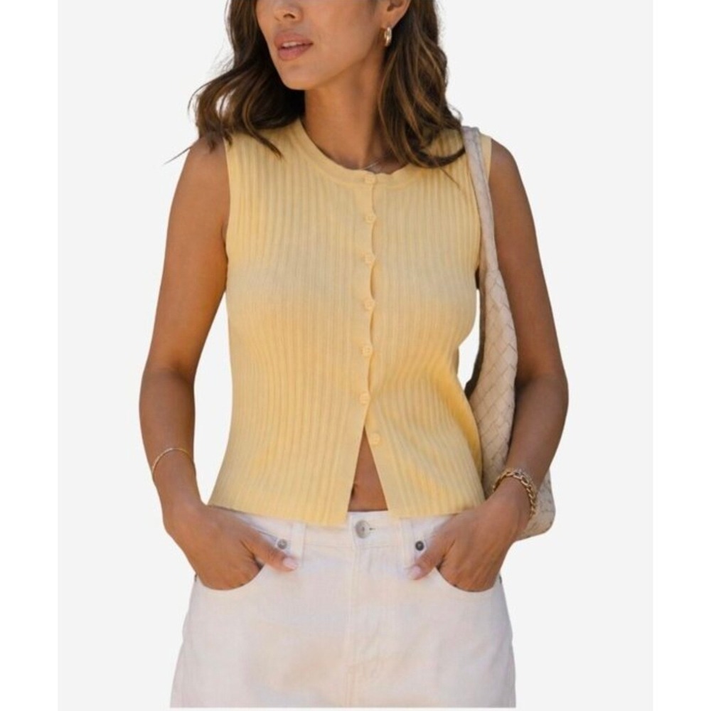 Song of Style Aimee Song Yellow Ribbed Knit Button Front Tank Top XL